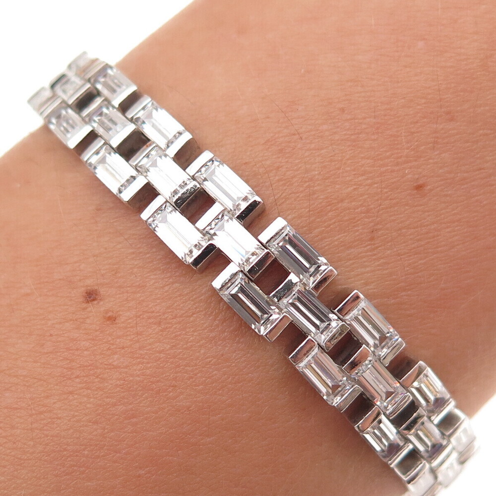 925 Sterling Silver Emerald-Cut C Z Bracelet 8"